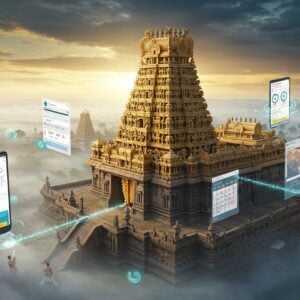 A majestic aerial view of the Oppiliappan Temple complex rendered in rich digital art style, with the main golden-hued gopuram emerging from a sea of morning mist. The temple architecture features intricate Dravidian details with traditional stone carvings highlighted in warm sunlight. Lord Oppiliappan (Venkatakrishna) stands in the center, depicted with four hands - holding the Sankha, Chakra, and showing Abhaya and Varada mudras, adorned in silk vastram and traditional temple jewelry. The foreground shows a stylized interface with floating, glowing booking screens and calendar elements seamlessly integrated into the temple architecture. Modern devotees in traditional attire are seen using smartphones with ethereal light trails connecting them to the temple. The scene is enhanced with mystical elements like floating lotus flowers, digital mandalas, and swirling peaceful blue energy patterns. The lighting combines both divine golden rays from above and modern blue-white technological glows, creating a harmonious blend of traditional and digital worlds. The color palette focuses on rich golds, deep blues, and warm earthy tones of the temple stone, with subtle digital accents in turquoise and white.