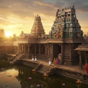 A majestic aerial view of the historic Oppiliappan Temple during sunrise, with golden rays illuminating its ornate Dravidian-style gopuram adorned with intricate sculptures. The temple's main sanctum features Lord Oppiliappan (Vishnu) with Bhudevi, rendered in traditional Pattachitra style with rich maroon and peacock blue hues. In the foreground, a serene temple tank reflects the temple structure, surrounded by blooming lotus flowers. A group of devotees in traditional South Indian attire (men in white veshtis and women in silk sarees) walk through the temple's stone-carved corridors. Ethereal light streams through the mandapam pillars, creating dramatic shadows. The scene includes subtle Madhubani-style border patterns featuring sacred Vaishnava symbols like conch and chakra. Modern digital rendering with soft ambient lighting, enhanced by glowing diyas and floating flower petals. The composition maintains photorealistic architecture details while incorporating mystical elements like subtle golden auras and floating mandalas in the background sky.