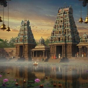 A majestic South Indian temple complex with tall, intricately carved gopuram in traditional Dravidian architecture, featuring detailed sculptures of Lord Oppiliappan (Vishnu) and his consort Bhudevi. The temple walls adorned with vibrant traditional paintings in gold, saffron, and deep blue. A serene water tank in the foreground reflects the temple's image, surrounded by blooming lotus flowers and floating diyas. Soft morning sunlight filters through misty air, creating a golden ethereal glow around the temple structure. Traditional brass temple bells hanging from ornate chains, with subtle motion blur suggesting gentle movement. In the foreground, devotees in traditional South Indian attire performing pradakshina (circumambulation). The scene combines Pattachitra art style with modern digital rendering, featuring intricate patterns and mandala motifs in the sky. The color palette focuses on deep maroons, peacock blues, and gold, with accent lighting highlighting the architectural details. The entire scene is framed by stylized banana trees and temple pillars with detailed carvings, creating a symmetrical, balanced composition.