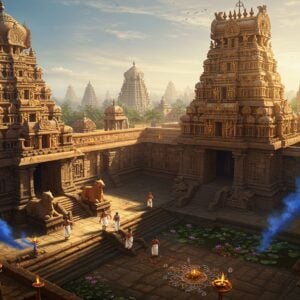 A majestic aerial view of an ancient South Indian Shiva temple complex with towering gopurams decorated in traditional Dravidian architecture, detailed with intricate sculptures in gold and saffron hues. The temple courtyard features a sacred tank with lotus flowers, surrounded by stone-carved pillared mandapas. In the foreground, a group of Tamil pilgrims in traditional attire (men in white veshtis and women in silk sarees) walking on ancient stone steps. The scene is illuminated by early morning golden sunlight creating dramatic shadows, with rays of light filtering through the temple towers. Sacred bulls (Nandi) carved in granite guard the entrance. Mystical blue smoke from temple lamps swirls in the air, creating ethereal patterns. The background shows multiple temple spires stretching into the distance, suggesting a spiritual journey. The artwork combines Chola bronze art style with modern digital art techniques, featuring rich colors like deep maroon, gold, and peacock blue. Small details include traditional kolam patterns on the ground, temple bells, and floating marigold garlands.