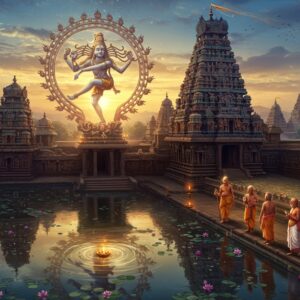 A majestic aerial view of an ancient South Indian temple complex at dawn, with towering gopurams adorned with intricate Dravidian architecture and countless sculptures. Lord Shiva, depicted as Nataraja, appears as a luminous, ethereal figure performing the cosmic dance in the center, with his four hands holding damaru, agni, abhaya mudra, and pointing to lifted foot. The temple's reflection ripples in a sacred tank filled with lotus flowers. Tamil saints Appar, Sundarar, Sambandhar, and Manickavasagar are shown as divine silhouettes emanating golden light, walking towards the temple. The scene features mystical elements with swirling energy patterns resembling ancient Tamil scripts, floating diyas, and vibhuti particles in the air. The color palette combines deep blues of early morning, warm golden sunlight, and terracotta tones of temple architecture. The style merges hyperrealistic temple architecture with ethereal, spiritually-influenced lighting and traditional Dravidian art motifs. Intricate mandala patterns and yantra designs float in the background, creating a metaphysical atmosphere. The overall composition suggests both historical grandeur and divine presence.