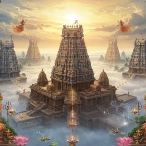 A majestic aerial view of an ancient stone temple complex emerging from morning mist, with intricate Dravidian architecture merging seamlessly into different regional architectural styles. The central temple features Tamil Nadu's typical gopuram transitioning into North Indian nagara-style shikhara. Golden sunlight filters through clouds, creating divine rays. Multiple Lord Shiva temples in different architectural styles stand in circular formation, connected by sacred threads of light. The foreground shows detailed Madhubani-style paintings of Saint Sundarar and Appar in traditional attire, their hands raised in worship. The scene includes floating lotus flowers, glowing mandalas, and ethereal blue smoke with embedded Tamil scriptures. Mystical elements include celestial apsaras showering flowers, floating diyas, and transcendent energy streams in saffron and gold connecting the temples. The color palette combines deep maroons, peacock blues, and burnished golds with soft pastel highlights. The artistic style blends hyperrealistic temple architecture with ethereal, spiritual elements in a surreal, dreamlike composition. The atmosphere suggests divine presence with subtle light effects and floating particles.
