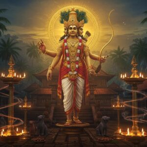 A majestic, ethereal view of Lord Muthappan in his divine form, standing tall with a golden aura, wearing traditional Kerala-style headgear with peacock feathers, holding a bow in his right hand and arrows in his left. His face shows the unique dual manifestation of Thiruvappana and Vellattam, depicted through a split-face composition. The temple architecture behind him features traditional Kerala-style copper-roofed structures with intricate wooden carvings, surrounded by towering coconut palms. In the foreground, brass ritual lamps (nilavilakku) emit a warm, golden glow, with spiraling incense smoke creating mystical patterns. Traditional theyyam costume elements in deep reds and golds are subtly incorporated into the scene. The overall composition is enhanced with soft, spiritual lighting in shades of saffron and deep blue, creating a dreamy atmosphere. Sacred dogs, associated with Muthappan, sit reverently at the base of the temple steps. Art style combines hyperrealistic digital rendering with traditional Malayali art elements, featuring rich textures and intricate details in a modern aesthetic.