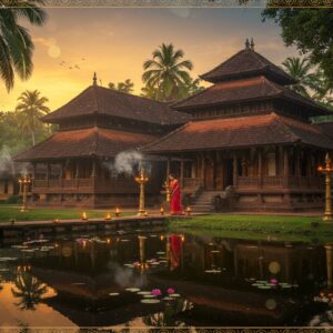 A majestic ancient Kerala-style temple with sloped tiled roofs and intricate wooden carvings, illuminated by warm golden light during sunset. The temple sits amidst lush tropical greenery with coconut palms. In the foreground, a serene temple pond reflects the temple's image, surrounded by blooming lotus flowers. A beautiful Indian woman in traditional Kerala kasavu saree performs a ritual with a brass lamp (nilavilakku) near the temple steps. Soft ethereal rays of light filter through the trees, creating a mystical atmosphere. Traditional Kerala-style stone deepastambhams (lamp posts) line the pathway, each lit with small flames. Delicate smoke wisps from ritual incense create a dreamy haze. The scene incorporates Madhubani-style decorative patterns in the borders and mandala motifs in the sky. The color palette features deep maroons, rich golds, forest greens, and peaceful blues. Soft bokeh effects and light orbs add a spiritual dimension. The architecture should be photo-realistic while maintaining artistic elements of traditional Indian art styles. The overall composition suggests peace, devotion, and timeless spiritual heritage.