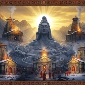 A mystical panoramic view of five interconnected Himalayan peaks, each crowned with an ancient stone temple glowing with divine light. In the center, a majestic Lord Shiva statue in meditation pose, 12 feet tall, carved from crystal-like stone, emanating a soft blue aura. The temples are Kedarnath (showing the distinctive spire), Tungnath (highest temple), Rudranath (with cave entrance), Madhyamaheshwar (with unique architecture), and Kalpeshwar (showing the rock formation). Sacred smoke from yagna fires rises from each temple, forming ethereal swirls that connect them. The scene is illuminated by golden sunrise breaking through snow-capped mountains, creating dramatic god rays. Traditional Madhubani-style patterns frame the scene, featuring intricate mandalas and Om symbols in gold and saffron. Prayer flags flutter in the wind, while devotees in traditional Indian winter attire perform circumambulation. Pristine snow blankets the landscape, with scattered rhododendrons adding splashes of deep red. The composition maintains hyper-realistic details with surreal lighting effects, combining digital art techniques with traditional Indian art motifs.