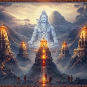 A mystical Himalayan landscape featuring five majestic ancient stone temples emerging from misty mountain peaks, each temple glowing with divine golden light. In the center, a translucent ethereal form of Lord Shiva in meditation pose, 15 feet tall, with blue skin tone, crescent moon on his head, and the holy Ganga flowing from his matted locks. Sacred Mount Kailash appears in the background, snow-capped and surrounded by swirling clouds. The temples are connected by a golden thread of light forming a perfect pentagon. Traditional Madhubani-style borders frame the scene, featuring intricate patterns of rudraksha beads and tridents. The foreground shows pilgrims in traditional Indian winter clothing climbing stone steps, their forms small against the grandeur of the temples. Floating diyas and lotus flowers create a path through the scene. The color palette combines deep maroons, saffron, and peacock blues with ethereal glowing whites and golds. The lighting is dramatic with divine rays breaking through clouds, casting sacred geometric shadows. Hyperrealistic digital art style with spiritual overtones, 8k quality, cinematic lighting.