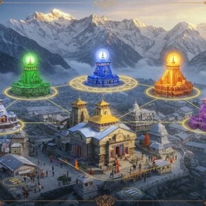 A majestic aerial view of five ancient Himalayan temples nestled among snow-capped peaks, connected by a glowing golden thread in a mandala pattern. Each temple radiates divine light in different colors - emerald green for Kedarnath, royal blue for Tungnath, saffron for Rudranath, crystal white for Madhyamaheshwar, and deep purple for Kalpeshwar. Modern comfortable lodges and guest houses blend harmoniously with traditional architecture, depicted in warm, welcoming colors. The scene is illuminated by both sunrise and divine aura, creating a ethereal atmosphere with soft mist and prayer flags fluttering in the wind. Small groups of pilgrims in modern winter gear walk along well-maintained paths. The foreground shows a detailed, luxurious mountain resort with traditional Pahadi architecture, featuring amenities like helicopter pads and modern facilities. Intricate Madhubani-style patterns frame the scene, incorporating symbols of Lord Shiva - trishul, damaru, and nandi. The art style combines hyperrealistic landscape photography with spiritual Indian art elements, creating a serene yet practical visualization. The color palette includes deep blues, pristine whites, earthy browns, and touches of golden light.