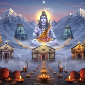 A majestic Himalayan landscape depicting five sacred peaks, each crowned with an ancient stone Shiva temple, connected by a mystical golden thread of divine energy. Lord Shiva appears as a semi-transparent ethereal form in the center, seated in meditation, with matted locks flowing, crescent moon on his head, and the Ganga flowing from his hair. The temples are surrounded by swirling mists in soft pastel blues and whites. Each temple glows with a different colored aura - saffron for Kedarnath, deep blue for Tungnath, emerald for Rudranath, golden for Madhyamaheshwar, and crimson for Kalpeshwar. The foreground features intricate Madhubani-style patterns of sacred symbols - trishuls, damrus, and rudraksha beads. Snow-capped mountains in the background are rendered in traditional Pahari art style with modern digital elements. Floating lotus flowers and diyas create a path between the temples. The scene is illuminated by both moonlight and divine light, creating a mystical atmosphere. Prayer flags flutter in the wind, and wisps of incense smoke form sacred Sanskrit symbols in the air. Art style combines hyperrealistic digital painting with traditional Indian art motifs.