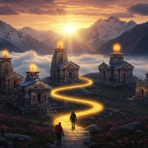 A majestic Himalayan landscape at sunrise, featuring five ancient stone temples nestled at different elevations, connected by a glowing golden pathway that spirals through the composition. The temples represent Kedarnath, Tungnath, Rudranath, Madhyamaheshwar, and Kalpeshwar, each with distinct architectural details and surrounded by mystical auras in shades of deep blue and saffron. In the foreground, two modern Indian trekkers in professional gear ascend stone steps, their silhouettes backlit by the rising sun. The scene is framed by snow-capped peaks, with swirling clouds creating ethereal patterns. Blooming Brahma Kamal flowers dot the landscape, while prayer flags flutter in the wind. The art style combines hyperrealistic digital painting with traditional Pahari miniature art elements, featuring intricate details and rich textures. The lighting creates a dramatic atmosphere with golden rays piercing through clouds, casting long shadows across the mountainous terrain. Sacred symbols like trishuls and crystal-clear mountain streams add spiritual elements to the scene. The color palette includes deep burgundy, gold, pristine white snow, and various shades of Himalayan blue.
