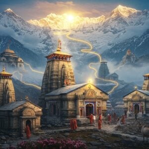 A majestic Himalayan panorama with five ornate ancient stone temples nestled at different elevations, connected by a glowing golden thread representing the spiritual journey. Each temple showcases distinct Nagara architecture with intricate carvings. The central temple (Kedarnath) is larger, featuring a snow-covered peak behind it. The scene includes traditional Indian pilgrims in warm clothing walking along mountain paths. Mystical golden light streams through clouds, illuminating the temples. The foreground shows blooming Brahma Kamal flowers and prayer flags fluttering in the wind. The color palette combines deep blues of the mountain sky, whites of snow peaks, earthy stones of temples, and warm golden spiritual light. Sacred bulls, symbolic of Nandi, stand guard near temples. Ethereal mist partially shrouds the mountains, creating depth. The art style merges photorealistic Himalayan landscapes with traditional Pahari painting techniques, incorporating subtle mandala patterns in the sky. Rich details in temple architecture showcase traditional stone carvings and sacred symbols. The scene captures both the spiritual significance and the adventurous nature of the pilgrimage.