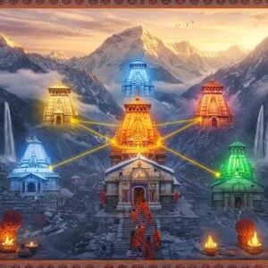 A majestic aerial view of five sacred Shiva temples nestled in the snow-capped Himalayas, connected by a glowing golden thread forming a divine pentagon. Each temple radiates distinct ethereal light - Kedarnath in brilliant white, Tungnath in celestial blue, Rudranath in deep orange, Madhyamaheshwar in emerald green, and Kalpeshwar in mystical purple. The scene features intricate Madhubani-style borders with traditional Hindu motifs. In the foreground, a group of pilgrims in traditional Indian winter attire climbing stone steps, their faces illuminated by divine light. Floating sacred elements include rudraksha beads, trishuls, and lotus flowers. The sky shows a dramatic sunrise with soft pastel clouds and golden rays breaking through mountain peaks. Multiple waterfalls cascade down the mountainsides, creating a mystical atmosphere. The art style combines photorealistic mountain landscapes with ethereal digital effects and traditional Indian art elements. The scene is encompassed by a large, intricate mandala frame featuring Himalayan flora and sacred geometric patterns. The lighting creates a magical golden hour effect with god rays piercing through clouds.