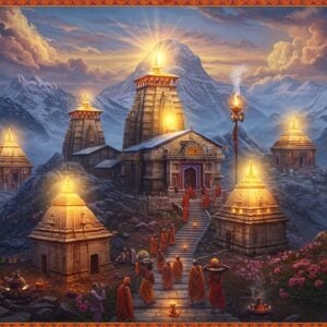 A mystical aerial view of the five sacred Kedar temples nestled in the snow-capped Himalayas, each temple glowing with divine golden light. The temples are connected by ethereal pathways made of floating lotus petals and sacred threads. In the foreground, a group of modern Indian pilgrims in traditional clothing making their ascent, carrying traditional offerings. The scene is surrounded by intricate Madhubani-style borders featuring sacred symbols of Lord Shiva - trishul, damru, and rudraksha beads. The sky features surreal swirling clouds in deep blues and purples, with soft golden rays breaking through. Sacred Mount Kailash appears as a ghostly silhouette in the background. The landscape includes prayer flags fluttering in the wind, ancient stone steps, and blooming Himalayan flowers. The art style combines hyperrealistic architectural details of the temples with ethereal, spiritual elements, rendered in a rich color palette of deep maroons, saffron, gold, and peaceful blues. Floating diyas and incense smoke add to the mystical atmosphere. The entire scene is bathed in a divine, otherworldly glow, emphasizing the spiritual significance of the pilgrimage.