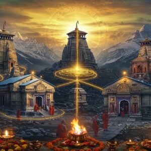 A majestic panoramic view of five sacred Himalayan temples nestled among snow-capped peaks, connected by a glowing golden thread forming a mystical mandala pattern. Each temple radiates divine light - Kedarnath with its massive stone architecture and Nandi statue, Tungnath as the highest Shiva temple with its distinct mountain-top silhouette, Rudranath emerging from a rhododendron forest, Madhyamaheshwar with its unique pyramidal spire, and Kalpeshwar with its ancient cave entrance. The scene features traditional pilgrims in colorful winter gear walking along mountain paths that spiral through the composition. In the foreground, ritual items like copper kalash, flowers, and diyas create a decorative border in Madhubani style. The sky shows ethereal Northern lights in saffron and blue hues, with sacred Mount Kailash visible in the distant background. The lighting is mystical with golden hour warmth mixed with cool Himalayan mist. The art style combines hyperrealistic landscape photography with traditional Indian architectural details and spiritual symbolism, demonstrating both grandeur and devotional essence.