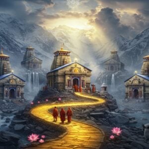 A majestic panoramic view of five ancient Himalayan temples nestled among snow-capped peaks, connected by a glowing golden pathway that spirals through the frame. Each temple represents the Panch Kedars - Kedarnath, Madmaheshwar, Tungnath, Rudranath, and Kalpeshwar - with distinct architectural details and surrounding landscapes. The central temple (Kedarnath) is larger, illuminated by divine light breaking through clouds. A group of pilgrims in traditional Indian winter attire walking along the path, their figures small against the grand landscape. Mystical elements include floating lotus flowers, ethereal fog, and subtle mandalas in the sky. The scene is rendered in a blend of photorealistic and spiritual art styles, with rich colors of deep blues, snow whites, temple golds, and earthy stones. Himalayan fauna like Bharal (blue sheep) and snow leopards are subtly incorporated in the background. The lighting creates a dramatic atmosphere with golden morning sun rays piercing through clouds, casting long shadows and highlighting the ancient stone temples. Multiple waterfalls cascade nearby, representing the sacred rivers. Style combines hyperrealistic digital art with traditional Pahadi and Hindu temple architectural details.