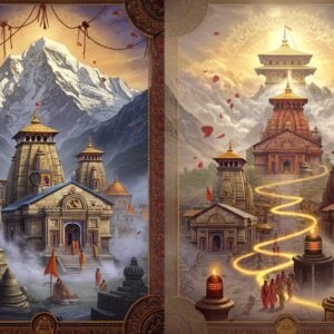 A majestic split-screen composition divided by an ornate golden mandala pattern - on the left side, five ancient stone Shiva temples of Panch Kedar nestled in snow-capped Himalayan peaks, with Lord Shiva's forms depicted through traditional Madhubani art style in deep indigo and gold. On the right side, the four sacred Char Dham temples - Badrinath's red spires, Kedarnath's grey stone structure, Gangotri's white temple, and Yamunotri's red edifice - connected by a winding path made of glowing jyotirlingas. The entire scene bathes in ethereal light with floating lotus petals, sacred threads, and rudraksha beads. Mystical fog swirls around the temples, while devotees in traditional attire are shown as small silhouettes making their pilgrimage. The color palette combines deep maroons, saffron, gold and peacock blue with soft pastel highlights. Divine rays of light emerge from temple tops, merging with clouds. Intricate Himalayan flora and fauna details in Pattachitra style frame the composition. The scene captures both the architectural grandeur and spiritual significance with a dreamy, surreal quality.