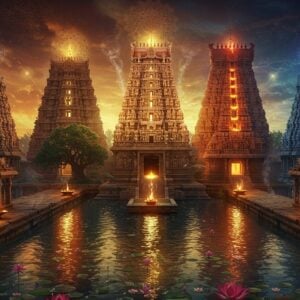A majestic temple complex visualization split into five interconnected sections, each representing a Pancha Bhuta temple in rich, detailed Dravidian architecture style. The Ekambareswarar Temple (Earth) shown with intricate stone carvings and a massive mango tree, Jambukeswarar Temple (Water) with crystal-clear sacred pools reflecting golden light, Arunachaleswarar Temple (Fire) emanating a divine glow with golden flames, Kalahasti Temple (Air) with swirling mystical winds and floating prayer flags, and Chidambaram Temple (Space) with a cosmic dark blue aura and floating stars. The scene is rendered in a harmonious blend of traditional Indian art styles with modern digital aesthetics, featuring deep maroons, saffron, and peacock blue colors. Sacred geometric patterns and mandalas float in the background, while ethereal light beams connect all five temples. The foreground features intricately detailed lotus flowers in gold and copper tones, with water ripples reflecting the temple lights. The atmosphere is mystical and serene, with subtle smoke trails of incense creating connecting patterns between the temples. Hyperrealistic architectural details mixed with supernatural elements, rendered in 8K resolution with dramatic lighting and atmospheric depth.