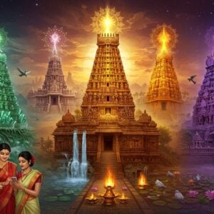 A mystical panoramic scene showcasing five interconnected ancient South Indian temples, each radiating distinct elemental energies - Ekambareswarar (earth) shown with emerald crystal formations and banyan roots, Jambukeswarar (water) with cascading sacred waterfalls and lotus pools, Arunachaleswarar (fire) glowing with golden-orange flames and rising sun, Kalahasti (air) with swirling wind patterns and floating prayer flags, and Chidambaram (space) with cosmic purple-blue aura and stars. In the foreground, a modern Indian couple in contemporary clothing but wearing traditional tilak, consulting a smartphone while holding traditional temple maps. The temples are rendered in intricate Dravidian architecture with ornate gopurams decorated with traditional Madhubani patterns. The scene is illuminated by divine light streams in gold and saffron, with floating mandalas representing each element. Ethereal mist connects all temples, creating a surreal atmosphere. The color palette combines deep traditional colors (maroon, gold, saffron) with modern gradient effects. Floating lotus flowers and peaceful doves add movement to the composition. The art style merges hyperrealistic digital rendering with traditional Indian art patterns.