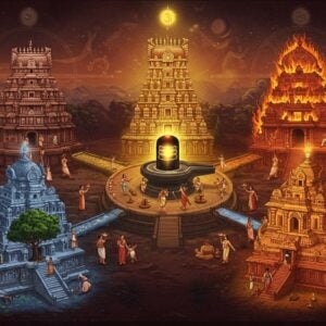 A mystical scene depicting five interconnected Shiva temples arranged in a sacred mandala pattern, each representing the Pancha Bhutas. In the center, a luminous Shiva Lingam radiates golden light. The temple representing Earth (Ekambareswarar) shows intricate stone carvings with a massive mango tree. The Water temple (Jambukeswarar) features flowing waterfalls and lotus pools. The Fire temple (Arunachaleswarar) glows with ethereal flames in deep orange and red. The Air temple (Kalahasti) shows swirling wind patterns in translucent white and blue. The Space temple (Chidambaram) depicts a cosmic dance arena with stars and celestial elements. The scene is rendered in a fusion of traditional Pattachitra art style with modern digital aesthetics, using rich colors of deep maroon, saffron, and peacock blue. Sacred geometric patterns and mandalas float in the background, while subtle om symbols and yantra designs are woven throughout. The lighting is dramatic with divine rays streaming down, creating an atmosphere of spiritual transcendence. Small groups of devotees in traditional Indian attire are shown performing rituals at each temple, their forms creating a harmonious flow across the composition.