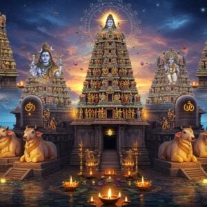 A magnificent panoramic view of five intricately designed South Indian Shiva temples arranged in a mystical mandala pattern, each temple radiating divine golden light. The central temple features a towering gopuram with traditional Dravidian architecture, adorned with detailed sculptures and vibrant colors (deep blues, rich golds, and terracotta reds). Lord Shiva appears as a translucent, ethereal figure above each temple in different iconic forms - Nataraja, Dakshinamurthy, Bhikshatana, Lingothbhava, and Somaskanda. The scene is enhanced by floating lotus flowers, swirling cosmic energy patterns, and glowing Tamil sacred symbols. Sacred bulls (Nandi) face each temple entrance, carved in traditional granite style but with a subtle ethereal glow. The background shows the Bay of Bengal with mystical waters reflecting moonlight, while sacred ash (vibuthi) patterns create intricate mandalas in the sky. The art style combines hyperrealistic temple architecture with surreal, spiritual elements, featuring a color palette of deep ocean blues, golden ambers, and soft silvery moonlight tones. Multiple oil lamps cast a warm, divine glow across the scene, creating dramatic lighting effects on the temple structures.