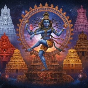 A majestic Nataraja in cosmic dance pose against a mystical backdrop showing all five sabhas - crystal Hall of Madurai (white crystal structure), ruby-red hall of Thiruvaalangadu (red gems glowing), emerald hall of Thirunelveli (green pristine forest), golden hall of Chidambaram (pure gold architecture), and silver hall of Kutralam (silver waterfalls). Lord Shiva has four arms - upper right holding damaru, upper left holding agni, lower right in abhaya mudra, lower left in gaja hasta pointing to lifted foot. His hair flows with cosmic energy containing Ganga, crescent moon, and cobra. A ring of cosmic fire (thiruvachi) surrounds him with intricate Madhubani-style patterns. Multiple translucent layers of cosmic realms visible in background with dancing apsaras. Ethereal light streams through each sabha, creating a divine ambiance. Art style merges traditional Indian temple architecture with modern digital art using deep blues, cosmic purples, molten golds, and sacred saffron hues. Intricate mandala patterns float in space around each sabha. Scene has surreal, spiritual quality with swirling galaxies and constellations in far background.