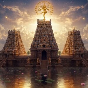 A majestic panoramic view of five ornate South Indian temples arranged in a mystical mandala pattern, each temple glowing with divine golden light. Central temple features intricate Chola architecture with towering gopurams adorned with detailed sculptures. Cosmic dance pose of Lord Nataraja in pure gold, four arms holding damaru, agni, abhaya mudra, and dance pose, emerges as a ethereal hologram above each temple. The temples float on a serene reflective pool with blooming lotus flowers. Surrounding the temples are intricate Madhubani-style borders with traditional Tamil motifs in deep peacock blue and maroon. The sky features surreal swirling patterns of celestial dancers and musical instruments in soft pastel hues. Rays of divine light stream through clouds, illuminating the architectural details. The scene is composed in a symmetrical, sacred geometry pattern with each temple representing different sabhas - Kanaka, Chit, Raja, Deva, and Ratna. Hyperrealistic digital art style with magical ethereal lighting, emphasizing the grandeur of ancient Tamil architecture merged with spiritual symbolism.