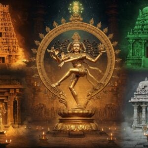 A majestic collage showcasing five sacred dance halls of Shiva, arranged in a mystical mandala pattern, each hall radiating divine golden light. In the center, Lord Nataraja in his cosmic dance pose with 4 hands - upper right holding damaru, upper left holding fire, lower right in abhaya mudra, lower left in gajahasta pose, standing on a lotus pedestal. The halls are distinctly detailed - Chidambaram's ornate golden pillars with ruby stones, Madurai's thousand-pillar hall with sculptured yalis, Tirunelveli's bronze-hued space with intricate carvings, Tiruvalangadu's emerald-tinted chambers with peacock motifs, and Kutralam's crystal-clear hall with waterfall elements. Floating spiritual symbols and yantra patterns in soft saffron connect the halls. The scene is illuminated by traditional temple deepams casting warm glows. Modern digital art style merging with traditional Chola bronze art aesthetics, rendered in 8K resolution. Intricate Bharatanatyam mudras float ethereally in the spaces between halls. The atmosphere carries both ancient grandeur and contemporary spiritual energy, with subtle mist and divine light rays emerging from each sabhai.