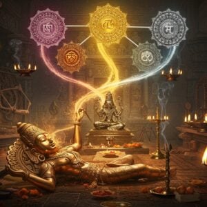 A mystical scene showcasing five sacred metals (gold, silver, copper, brass, and bronze) flowing like liquid streams, merging into a central divine altar. In the foreground, a meticulously detailed traditional South Indian bronze deity idol, partially complete, being crafted by ethereal, translucent hands emerging from golden light. The background features an ornate temple workshop with ancient tools and scattered manuscripts. Intricate Madhubani-style patterns in metallic hues dance around the scene. Floating above are five interconnected mandalas, each representing one metal with their characteristic colors and properties. Sacred flames in copper and gold tones illuminate the scene from traditional oil lamps. The atmosphere is mystical with swirling metallic dust particles catching light. The art style combines hyperrealistic metallic textures with traditional Indian artistic elements, featuring a color palette of deep bronze, molten gold, silvery white, warm copper, and antique brass. Ethereal wisps of incense smoke create geometric patterns connecting the elements.