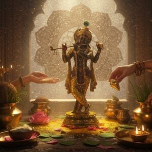 A luminous, ethereal scene featuring a beautifully detailed Panchaloha Krishna idol (4 hands, holding flute, lotus, conch, and chakra) placed on an intricately carved wooden altar, partially immersed in sacred water mixed with turmeric giving off golden sparkles. The idol is being gently cleaned by female hands wearing traditional gold bangles using traditional cleaning materials - coconut husk, darbha grass, and natural cleaning agents arranged in brass vessels. Soft rays of morning sunlight streaming through ornate temple windows create a divine atmosphere. In the background, a large mandala pattern in Madhubani style glows in shades of copper, bronze, and gold. Traditional brass diyas with floating wicks create warm highlights on the metal surface of the idol. The scene incorporates delicate lotus flowers and tulsi leaves floating in copper vessels. The overall color palette features rich metallics - gold, bronze, copper, brass - with accents of deep maroon and peacock blue. Photorealistic rendering with atmospheric lighting, cinematic composition, detailed metallic textures, 8k quality