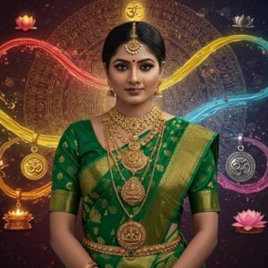 A stunning Indian woman draped in an emerald green silk saree adorned with gold zari work, wearing multiple layers of intricately crafted Panchaloha necklaces and pendants. The pendants feature traditional Hindu motifs - Ganesha, Om symbol, and Lakshmi in detailed relief work. The five sacred metals (gold, silver, copper, brass, and iron) are visualized as flowing, ethereal streams that intertwine around her, each metal represented by its characteristic color - golden yellow, white silver, copper red, brass yellow, and iron gray. Behind her, a large, ornate mandala pattern glows with sacred geometric patterns, embedded with tiny symbols of the five elements. The lighting creates a divine aura, with soft rays highlighting the metallic sheen of the jewelry. The background features subtle Madhubani-style patterns in deep maroon and peacock blue. Floating lotus flowers and traditional Tamil kolam patterns appear in a mystical arrangement. The overall composition combines contemporary fashion photography aesthetics with traditional Indian artistic elements, rendered in a high-end digital art style with photorealistic details and magical realism effects.