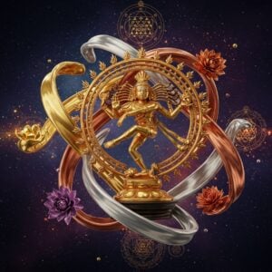 A majestic 3D composition featuring five gleaming metals - gold, silver, copper, brass, and bronze - swirling in a dynamic spiral pattern against a deep cosmic background. Each metal streams in its natural color, creating an ethereal dance of metallic ribbons. At the center, a detailed Nataraja idol emerges, crafted in traditional Panchaloha style, with intricate details showing Lord Shiva's four arms, damaru, agni, abhaya mudra, and dancing pose on a lotus pedestal. The idol radiates a soft, divine glow. Sacred geometric patterns and yantra designs float in the background, rendered in gold sacred geometry. Ethereal sparkles and mystical energy wisps in deep indigo and royal purple surround the composition. The scene is enhanced with floating lotus flowers, rendered in metallic hues matching the five metals. Modern lighting effects create a dramatic interplay of light and shadow, while maintaining the traditional Dravidian temple art style. The overall composition follows the golden ratio, with a surreal, high-end digital art finish that combines photorealistic texturing with spiritual symbolism.
