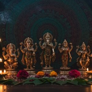 A majestic Indian home temple altar illuminated by warm, golden oil lamps, featuring five intricately crafted Panchaloha idols arranged in traditional order - a four-armed Ganesha with modak in lower right hand, lotus in lower left, blessing mudra in upper right, and axe in upper left; a standing Vishnu with sankha, chakra, gada, and padma; a seated Lakshmi on lotus with gold coins flowing from her hands; a six-headed Murugan with vel spear; and a dancing Shiva in tandava pose. Each deity radiates a distinct metallic sheen showcasing the five metals - gold, silver, copper, brass and zinc. Sacred smoke from camphor and incense creates ethereal swirls around the deities. The background features a large ornate mandala in Madhubani style with peacock motifs in deep maroon and turquoise. Traditional brass deepa-stambhas flank the altar. Crystal clear water droplets and fresh tulsi leaves are artistically scattered near the idols. The lighting is mystical with soft highlights on the metallic surfaces, creating an atmosphere of divine presence. The overall composition follows traditional Hindu iconography with modern aesthetic sensibilities.