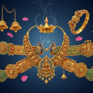 A luxurious close-up composition of five traditional Indian ornaments arranged in a sacred geometric pattern against a deep blue-gold gradient background. Each piece crafted from gleaming Panchaloha metal (gold, silver, copper, brass, and iron) with distinct colors reflecting their elemental composition. The central piece is an intricate temple jewelry necklace with goddess Lakshmi motif, surrounded by a matching pair of jhumkas, a waist belt with peacock designs, and an armlet with nagas. Soft divine light emanates from the jewelry, creating an ethereal glow. Delicate Kolam patterns float in the background. Small wisps of sacred smoke curl around the pieces. The metals appear liquid and flowing, merging into each other with a magical quality. Decorated with tiny rubies and emeralds. The scene is rendered in a fusion of hyperrealistic 3D and traditional Thanjavur painting style, with rich metallics and deep shadows. Floating lotus petals and small golden bells add movement. The lighting emphasizes the mystical properties of the metals with lens flares and subtle rainbow refractions.
