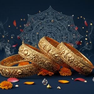 A stunning close-up shot of intricately crafted Panchaloha bangles arranged in a sacred spiral pattern against a deep blue silk backdrop, each bangle radiating a subtle ethereal glow. The bangles showcase detailed traditional Tamil temple architecture motifs, peacock designs, and lotus patterns etched in relief. Soft golden light filters through the composition, highlighting the five-metal alloy's unique luster. In the background, a large, translucent mandala design floats, created from flowing sacred Sanskrit symbols. Rose petals and marigold flowers are tastefully scattered around, with modern geometric patterns seamlessly blending with classical designs. The scene features delicate smoke wisps and floating light orbs, creating a mystical atmosphere. Small crystals and gems catch light at strategic points, adding contemporary sparkle. The color palette combines traditional gold with modern rose gold and platinum tones, while maintaining the authentic Panchaloha patina. The entire composition is rendered in a style merging traditional Tanjore art techniques with modern digital art aesthetics, emphasizing both heritage and contemporary appeal.
