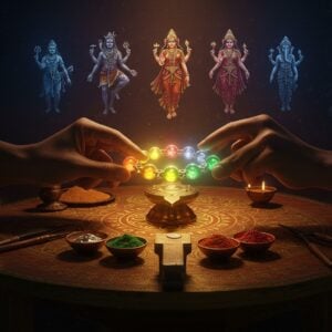 A mystical Indian artisan's workshop bathed in warm golden light, showing a master craftsman's hands delicately holding a gleaming Panchaloha ring above an ornate brass working table. The ring radiates five distinct auras representing the five metals - gold (yellow), silver (white), copper (orange), brass (green), and iron (blue). On the table, traditional tools and small bowls containing the five metals are arranged in a perfect mandala pattern. The background features intricate Madhubani-style motifs of celestial bodies and sacred geometry. Floating above are ethereal visualizations of Hindu deities - Shiva, Parvati, Vishnu, Lakshmi, and Ganesha - each composed of swirling energy in their respective metallic hues. The scene is illuminated by oil lamps casting dancing shadows, while incense smoke forms spiritual symbols in the air. The overall composition seamlessly blends traditional Indian craftsmanship with modern, surreal elements, featuring rich jewel tones of maroon, deep blue, and gold, with subtle touches of contemporary minimalism in the workspace design. Hyperrealistic rendering with magical realism elements, cinematic lighting, and high attention to metallic textures and reflections.