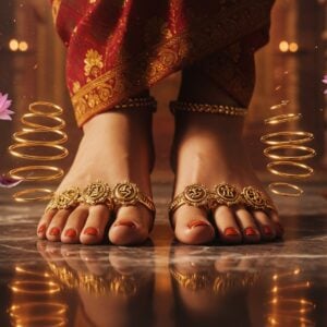 A close-up, ethereal composition featuring an elegant Indian woman's feet adorned with intricately designed Panchaloha toe rings on a polished marble floor with subtle reflections. The toe rings showcase detailed traditional motifs of five metals gleaming distinctly - gold, silver, copper, brass, and bronze elements intertwined in contemporary geometric patterns. Floating around her feet are luminous energy spirals in the five metallic colors, representing the healing properties. The background features a soft-focused traditional Indian temple architecture with modern minimalist elements. Delicate lotus flowers and mandala patterns in Madhubani style float ethereally around the scene. The lighting is warm and mystical, creating a sophisticated play of light on the metallic surfaces. The color palette includes deep maroon, antique gold, burnished copper, with touches of peacock blue in the background. The scene combines traditional elegance with modern luxury, shot in a high-fashion editorial style with atmospheric depth and selective focus. Hyperrealistic 8k quality, professional jewelry photography lighting.