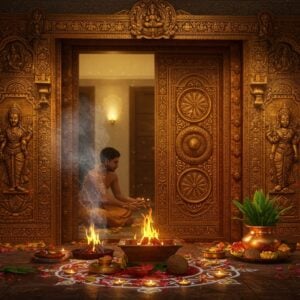A traditional Indian home entrance with an ornate Panchaloha door frame gleaming with a mystical golden-copper sheen, intricately carved with sacred geometric patterns and Hindu symbols. The door frame features small embedded sculptures of Ganesha at the top and Lakshmi-Narayana on either side. In the foreground, a priest performs Bhoomi Pooja with a sacred fire pit emitting ethereal smoke, surrounded by traditional items - copper kalash with mango leaves, coconuts, and fresh flowers. The background shows a modern minimalist home design with warm lighting. The scene is enhanced with floating particles of divine light in gold and copper tones, creating an atmospheric glow. The materials - gold, silver, copper, iron, and brass - are visibly distinct in the metalwork, each catching light differently. The overall composition follows Madhubani art style with modern digital rendering, using deep maroon, saffron, and peacock blue colors. The ground features a traditional rangoli pattern made with rice flour and flower petals, with small oil lamps placed strategically around it. The lighting is warm and mystical, emphasizing the metallic sheen of the Panchaloha elements.