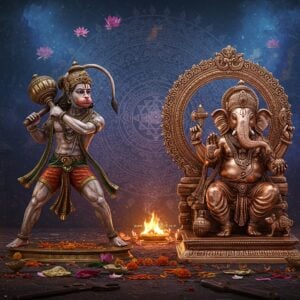 A majestic composition featuring Lord Ganesha and Lord Hanuman idols crafted in gleaming Panchaloha (traditional five-metal alloy), positioned on an ornate golden altar. Lord Ganesha on the right, four-armed, holding modak, broken tusk, and blessing gesture, with his vehicle mouse at his feet. Lord Hanuman on the left, dynamic pose, carrying Sanjeevani mountain, tail curved upward. The idols emit a divine metallic sheen with copper, gold, and silver highlights. Behind them, a large intricate mandala pattern in Madhubani style with floating yantra symbols. The background features swirling ethereal energy in deep blues and purples, with floating lotus flowers and traditional Tamil temple architecture elements. Soft divine light bathes the scene from above, creating a mystical atmosphere. The foreground shows traditional Indian oil lamps with glowing flames, scattered sacred flowers, and metalworking tools arranged artistically. The overall scene combines hyperrealistic metal textures with spiritual surrealism, rendered in rich, deep colors with golden accents, maintaining cultural accuracy while appearing contemporary and sophisticated.
