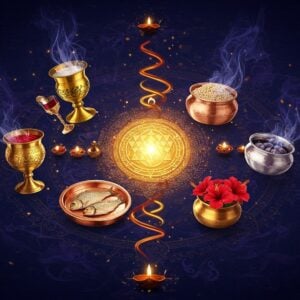 A mystical Indian scene featuring five sacred objects arranged in a circular mandala pattern against a deep midnight blue background. In the center, a glowing golden Sri Yantra emanates ethereal light. The five objects - a golden chalice with wine (madya), a copper plate with fish (matsya), a silver bowl of grain (mudra), a bronze vessel with honey (madhu), and red hibiscus flowers (maithuna) - float and orbit around the Sri Yantra. Intricate Madhubani-style patterns in gold and silver weave between the objects. Swirling wisps of sacred smoke in shades of purple and indigo create a mystical atmosphere. The scene is illuminated by floating diyas casting warm, golden light. Decorative tantric symbols and geometric patterns in metallic colors adorn the borders. The art style combines photorealistic textures with surreal, ethereal lighting effects. Small particles of light dance around the objects, creating a sense of divine energy and movement. The overall composition suggests both mystery and sacred ritual.