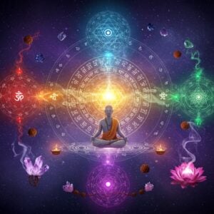 A mystical Indian meditation scene with five concentric mandalas floating in a ethereal space, each representing one of the five M's of Tantra. The central mandala glows with intense golden light, surrounded by swirling Sanskrit symbols rendered in luminescent blue energy. A serene Indian yogi in traditional white dhoti sits in padmasana pose at the center, surrounded by sacred geometric patterns. The background features a gradient from deep indigo to cosmic purple, with subtle Madhubani-style patterns. Five distinct streams of energy - crimson, saffron, emerald, sapphire, and violet - spiral around the yogi, each containing microscopic traditional Tantric symbols. Floating lotus flowers emit soft, pearl-like illumination, while delicate smoke trails form intricate yantra patterns. The scene is rendered in a modern digital art style while maintaining traditional Indian artistic elements, with dramatic lighting creating an otherworldly atmosphere. Small floating crystals and sacred rudraksha beads orbit the entire composition, adding depth and mysticism.