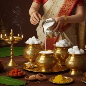 A serene traditional Indian kitchen setting with a beautifully carved brass altar in focus, featuring five ornate golden vessels containing the sacred Panchamrita ingredients - milk flowing from a silver pot, honey dripping from a copper spout, yogurt in a clay bowl, sugar crystals sparkling in brass container, and ghee in an intricately designed silver vessel. A Bengali woman in a red-bordered white saree performs the ritual, her hands gracefully mixing the ingredients. The scene is illuminated by warm, golden light from brass oil lamps, creating a ethereal glow. The background showcases regional variations through subtle imagery - Kerala banana leaves, Maharashtrian copper vessels, and North Indian silver containers. Delicate smoke wisps from incense sticks create a dreamy atmosphere. The art style combines traditional Madhubani patterns on the vessels with modern digital rendering, using rich colors like deep maroon, burnished gold, and ivory. Intricate mandala patterns float in the background, with lotus motifs adorning the corners. The overall composition emphasizes the sacred and harmonious blending of the five nectars.