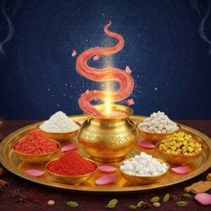A luxurious golden tray adorned with intricate Madhubani patterns holding five sacred ingredients of Pravala Panchamrita - coral-red pravala pishti arranged in a mandala pattern, pure white shankha bhasma forming delicate swirls, lustrous pearl powder creating celestial patterns, gleaming golden mukta pishti, and crystalline white sugar crystals. The ingredients float and swirl in a mystical arrangement above an ornate copper vessel decorated with traditional Indian motifs. Ethereal golden light emanates from the mixture, surrounded by floating lotus petals and ayurvedic herbs. The background features a large, detailed yantra pattern in deep indigo and gold. Wisps of aromatic smoke carrying cardamom, cinnamon, and saffron notes curl around the scene. Soft orbs of divine light illuminate the composition. The art style combines hyperrealistic textures with traditional Indian miniature painting techniques, rendered in rich jewel tones of deep maroon, royal blue, and burnished gold, with subtle gradient lighting effects.
