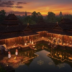 A majestic aerial view of Pandalam Palace complex at twilight, illuminated by warm golden lights, merging traditional Kerala architecture with modern lighting. The palace grounds feature intricate kolam patterns glowing with LED lights. In the foreground, a group of traditionally dressed Kerala priests perform ancient rituals near a sacred temple pond reflecting the palace lights. The scene includes detailed Malayali architectural elements like sloped tiled roofs, wooden pillars with intricate carvings, and ceremonial deepasthambams (brass lamp posts). Sacred elephants adorned with traditional golden nettipattam stand majestically near the temple entrance. The sky features a dramatic sunset with deep orange and purple hues, with floating golden mandalas and subtle Ayyappa symbols. Modern devotees in contemporary clothing blend seamlessly with traditional elements, suggesting continuity of tradition. The art style combines hyperrealistic digital rendering with traditional Kerala mural art patterns, featuring rich colors like deep maroon, forest green, and gold. Ethereal light rays pierce through the temple architecture, creating a mystical atmosphere. The overall composition suggests a harmonious blend of ancient heritage and modern preservation.