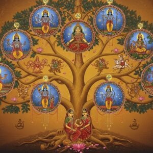 A majestic family tree visualization emerging from a golden Bodhi tree, its branches forming five distinct paths representing the five Pandavas. Each branch adorned with intricate Madhubani-style patterns in deep blue and gold. The central trunk shows Pandu and Kunti in regal poses wearing traditional royal attire. The five branches showcase miniature scenes: Yudhishthira with dice symbolizing dharma, Bhima wielding his mace, Arjuna with his Gandiva bow and Krishna beside him, Nakula with horses, and Sahadeva with celestial symbols. Their respective wives and children are depicted in smaller medallions connected by flowing golden threads. The background features a massive mandala in peacock blue and saffron, with subtle depictions of Mount Meru. Draupadi is positioned at the heart of the tree, connecting all five branches. The art style merges traditional Indian Pattachitra elements with modern digital art techniques, creating a luminous, ethereal quality. The scene is bathed in divine light with floating lotus petals and sacred symbols. Subtle celestial elements representing the divine parentage of each Pandava float above their respective branches.