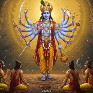 A majestic scene depicting Lord Krishna as Pandava Thoothar in His cosmic form (Vishwarupa), towering against a luminous golden backdrop, with multiple arms radiating outward in a mandala pattern. His central form stands dignified in traditional royal attire with a peacock-feather crown, pitambara vastram, and ornate jewelry. The cosmic form shows Him holding various divine weapons - Sudarshana Chakra in the upper right hand, conch in upper left, lotus in lower right, and mace in lower left. The scene incorporates both the Hastinapura courtroom setting with intricate Dravidian architecture and carved pillars, and the cosmic dimension with swirling celestial bodies and divine light. Duryodhana and the Kauravas appear awestruck in the lower portion, rendered in traditional Indian artistic style with detailed period-accurate costumes. The composition features deep blues, royal golds, and saffron hues, with ethereal light rays and floating lotus petals. The art style combines hyperrealistic digital rendering with traditional Thanjavur painting influences, creating a sophisticated modern interpretation of this pivotal mythological moment. Mystical energy streams and subtle sacred geometrical patterns enhance the divine atmosphere.