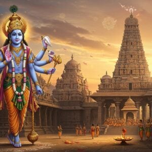 A majestic temple complex in South Indian Dravidian architecture style, with towering gopurams adorned with intricate golden carvings against a mystical dawn sky. In the foreground, Lord Krishna as Pandava Thoothar stands tall in His cosmic form (Vishwarupa), with multiple arms radiating outward like a divine mandala, holding various weapons - Sudarshana Chakra, conch, mace, and lotus. His face is serene yet powerful, with a golden crown and traditional temple jewelry. The background features the dramatic scene from Mahabharata with the Pandavas on one side and Kauravas court on the other, rendered in traditional Pattachitra style but with modern digital artwork aesthetics. The scene is illuminated by soft, ethereal light with hints of saffron and deep blue. Intricate kolam patterns adorn the temple courtyard, while floating lotus flowers and subtle mandala patterns fill the air. The overall composition combines photorealistic temple architecture with mystical elements, creating a harmonious blend of historical accuracy and spiritual symbolism. The lighting creates a divine atmosphere with golden rays filtering through the temple pillars.
