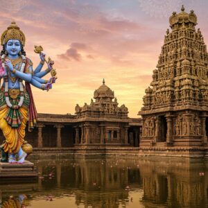 A majestic ancient South Indian temple architecture in Dravidian style with towering gopuram adorned with intricate golden sculptures, set against a mystical dawn sky with soft pink and orange hues. In the foreground, Lord Krishna in His cosmic form stands tall, depicted with multiple arms holding various divine weapons, His body radiating a divine blue aura. His facial expression shows diplomatic wisdom, referencing His role as messenger to the Kauravas. The temple's main sanctum features the unique reclining pose of Lord Vishnu on Adisesha with 8 arms, each holding His divine symbols - Sankha, Chakra, Gada, and Padma. The temple pond reflects the golden light, with lotus flowers floating on its surface. Ornate stone pillars with detailed carvings of the Pandava-Kaurava story line the temple corridors. The scene is enhanced with ethereal lighting, combining traditional Madhubani patterns in the sky with modern digital art techniques. Sacred Tamil inscriptions are subtly carved into the temple walls. The atmosphere captures both historical grandeur and spiritual divinity, with soft glowing mandalas floating in the background.