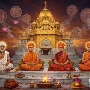 A grand panoramic scene showing four distinguished Indian Pandits from different regions, each uniquely dressed: one in South Indian white dhoti with angavastram and sacred thread, one in Bengali-style dhoti and traditional chadar, one in Kashmiri pheran with traditional headgear, and one in Maharashtra-style dhoti with uparna. They are seated in a semi-circle on ornate marble steps adorned with intricate Madhubani-style patterns. Behind them rises a massive golden temple architecture that seamlessly blends various regional styles - from North Indian nagara to South Indian dravidian. Sacred items surround them: vedic manuscripts, brass lamps, crystal rudraksha malas, and copper water vessels. The scene is illuminated by soft, ethereal light creating halos around the pandits. Floating mandalas in different regional art styles hover in the background. The color palette includes deep maroons, saffron, gold, and peaceful blue tones. Smoke from ceremonial fires creates mystical swirls in the air, while lotus petals float gracefully. The art style combines hyperrealistic details with traditional Indian art elements, creating a modern yet culturally authentic atmosphere.