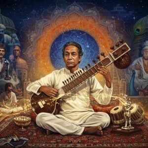 A majestic portrait of Pandit Ravi Shankar in his signature white kurta, seated cross-legged on an ornate Persian carpet, playing his beautifully carved sitar. His fingers gracefully touch the strings, creating visible waves of musical notes that transform into ethereal, golden mandala patterns floating in the air. Behind him, a large, glowing lotus mandala in deep blues and saffrons serves as a halo. The scene is set in a surreal space where traditional Indian architectural elements merge with cosmic elements. Multiple transparent layers show his various life phases - teaching George Harrison, performing at Woodstock, receiving awards. The lighting is dramatic with warm golden hues highlighting his serene expression. Intricate Madhubani-style patterns flow through the background, while peacock feathers and lotus motifs frame the composition. The sitar strings extend beyond the instrument, transforming into flowing rivers of light that connect to modern musical instruments, symbolizing his global influence. The art style combines hyperrealistic portrait details with ethereal, mystical Indian art elements, creating a dreamlike quality with rich, deep colors and metallic accents.