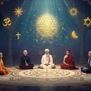 A serene gathering scene showing five religious leaders in their traditional attire - a Hindu Pandit in saffron dhoti and angavastram with sacred thread and tilak, a Catholic Priest in black cassock with white collar, a Muslim Imam in white thobe and taqiyah, a Buddhist Monk in maroon robes, and a Jewish Rabbi in black suit with tallit and kippah. They sit in a circular formation on an ornate marble floor inlaid with intricate mandala patterns. Above them floats a large, ethereal golden Sri Yantra merging into sacred geometric patterns from different faiths. The background features a gradient of deep peacock blue to midnight blue with softly glowing orbs of light. Indian architectural elements like carved pillars and arches frame the scene. Sacred symbols from different religions - Om symbol, Cross, Crescent moon, Dharma wheel, and Star of David - float delicately in the air, rendered in shimmering gold. Soft rays of divine light filter through from above, creating an atmosphere of spiritual harmony. The art style combines traditional Madhubani patterns in the borders with modern digital painting techniques, emphasizing rich colors and intricate details. 4K, cinematic lighting, photorealistic.