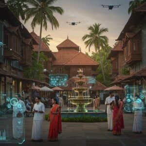 A bustling modern Indian marketplace in Panoor, Kerala, with sleek glass-fronted buildings adorned with traditional Kerala architectural elements like sloped red-tiled roofs and wooden carvings. In the foreground, diverse Indian professionals in modern business attire interact with digital holographic displays showing business metrics. The scene is illuminated by both warm sunlight and cool LED lights, creating a harmonious blend of traditional and futuristic elements. Floating virtual signboards with soft blue glows hover discretely. The background features lush green coconut palms and traditional Kerala-style buildings integrated with modern solar panels. Small touches of gold and copper in architectural details add warmth, while advanced delivery drones hover subtly in the sky. A central fountain combines traditional brass work with modern light installations. The scene includes people using advanced mobile devices while sitting in a modern café with traditional Kerala-style wooden furniture. Art style should be photorealistic with subtle Madhubani pattern overlays in the architectural details, rendered in a cinematic composition with depth of field effects.